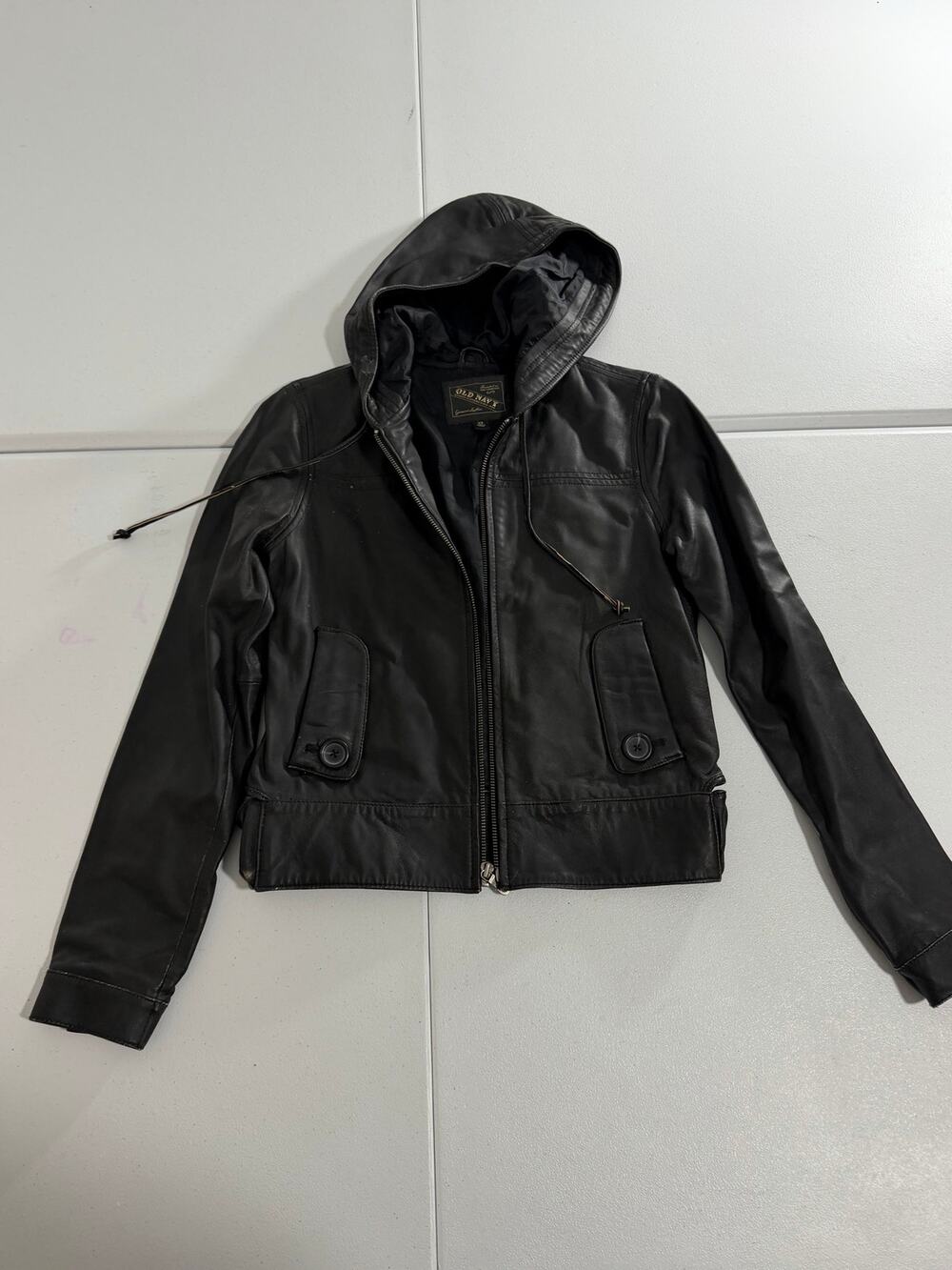 VTG Old Navy Womens Genuine Leather Hooded Jacket Size XS Black Bomber Zip Up